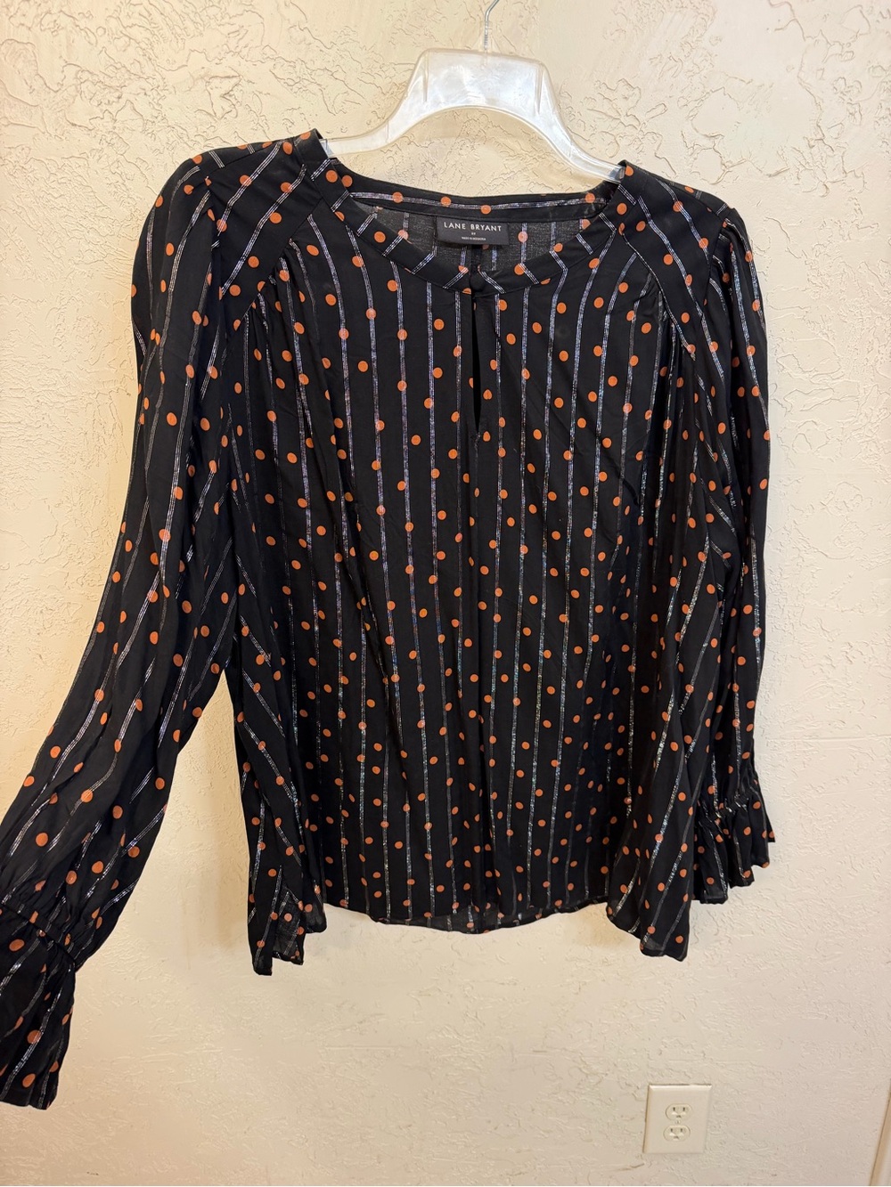 Lane Bryant Black Blouse with Rust Polka Dots